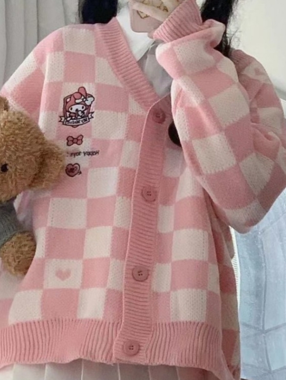Pink Checkerboard Knit Cardigan for Kids with embroidered Sanrio character